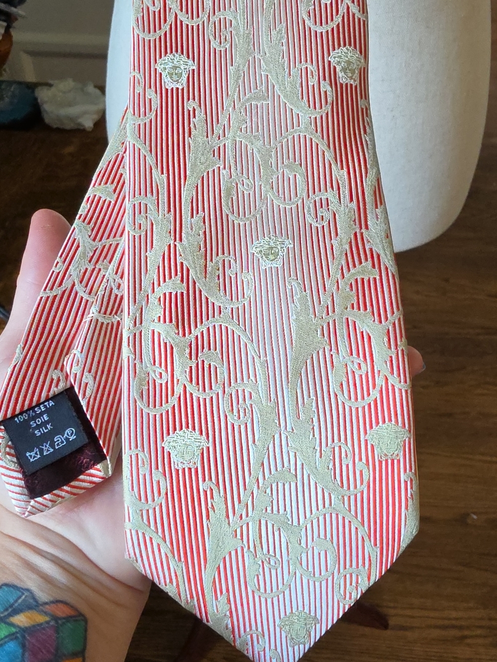 Vintage Versace Coral and Light Green Floral Jacquard Silk Tie